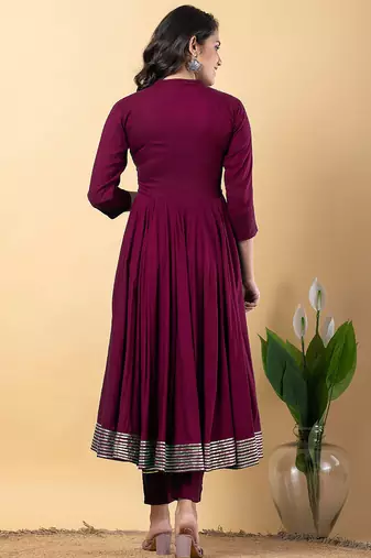 Purple gotta patti rayon stiched anarkali style pant with kurta set