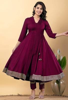 Purple gotta patti rayon stiched anarkali style pant with kurta set 3