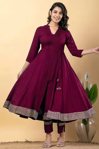 Purple gotta patti rayon stiched anarkali style pant with kurta set
