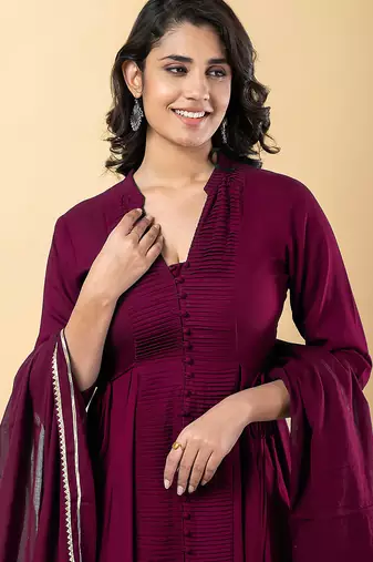 Purple gotta patti rayon stiched anarkali style pant with kurta set