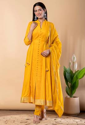Mustard gotta patti rayon stiched anarkali style pant with kurta set 1