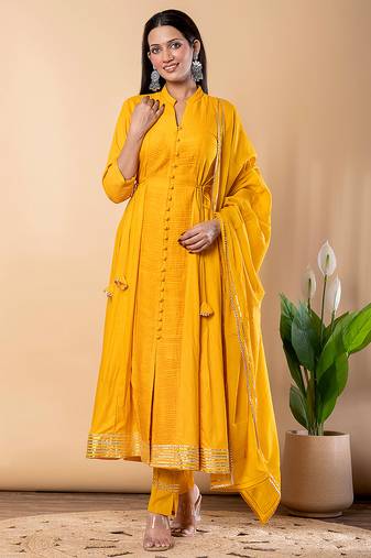 Mustard gotta patti rayon stiched anarkali style pant with kurta set