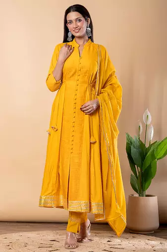 Mustard gotta patti rayon stiched anarkali style pant with kurta set