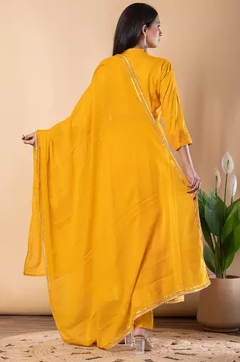 Mustard gotta patti rayon stiched anarkali style pant with kurta set