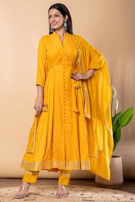 Mustard gotta patti rayon stiched anarkali style pant with kurta set 3