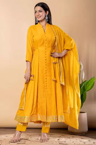 Mustard gotta patti rayon stiched anarkali style pant with kurta set
