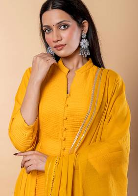 Mustard gotta patti rayon stiched anarkali style pant with kurta set 4