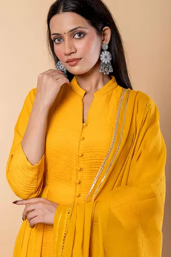 Mustard gotta patti rayon stiched anarkali style pant with kurta set