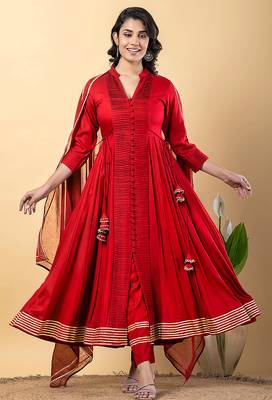 Red gotta patti rayon stiched anarkali style pant with kurta set 1