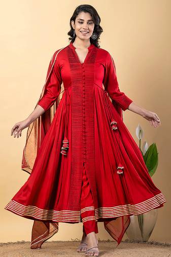 Red gotta patti rayon stiched anarkali style pant with kurta set