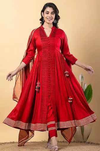 Red gotta patti rayon stiched anarkali style pant with kurta set
