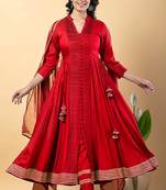 Red gotta patti rayon stiched anarkali style pant with kurta set