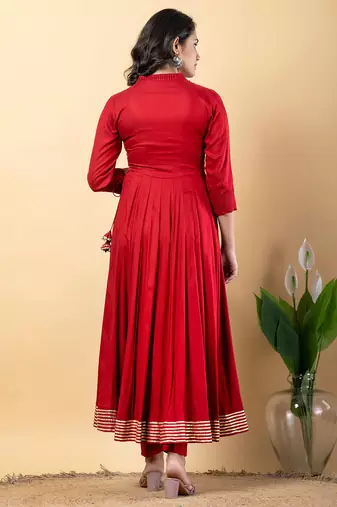 Red gotta patti rayon stiched anarkali style pant with kurta set