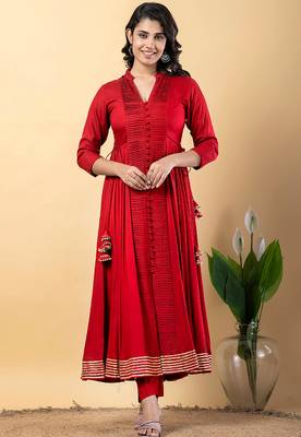 Red gotta patti rayon stiched anarkali style pant with kurta set 3