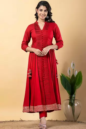 Red gotta patti rayon stiched anarkali style pant with kurta set