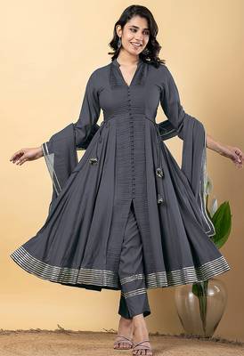 Grey gotta patti rayon stiched anarkali style pant with kurta set 1