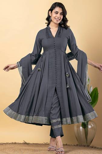 Grey gotta patti rayon stiched anarkali style pant with kurta set