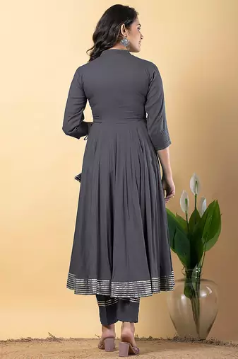 Grey gotta patti rayon stiched anarkali style pant with kurta set