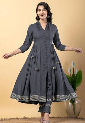 Grey gotta patti rayon stiched anarkali style pant with kurta set 3