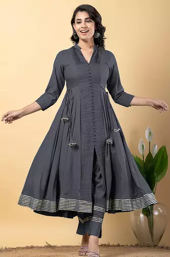Grey gotta patti rayon stiched anarkali style pant with kurta set