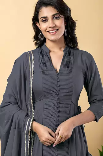 Grey gotta patti rayon stiched anarkali style pant with kurta set