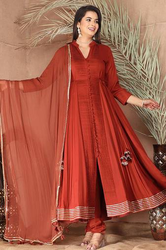 Peach gotta patti rayon stiched anarkali style pant with kurta set