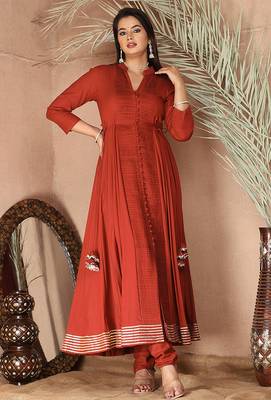 Peach gotta patti rayon stiched anarkali style pant with kurta set 3