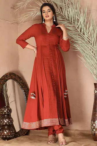 Peach gotta patti rayon stiched anarkali style pant with kurta set