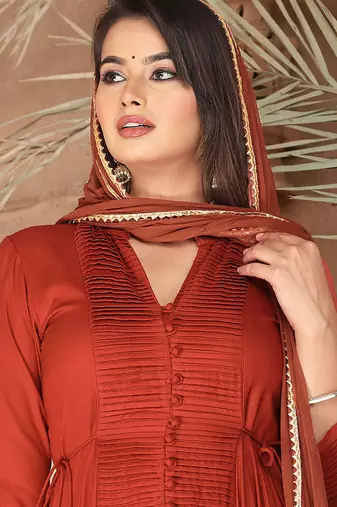 Peach gotta patti rayon stiched anarkali style pant with kurta set