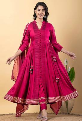 Pink gotta patti rayon stiched anarkali style pant with kurta set 1