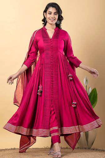 Pink gotta patti rayon stiched anarkali style pant with kurta set