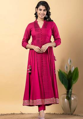 Pink gotta patti rayon stiched anarkali style pant with kurta set 3