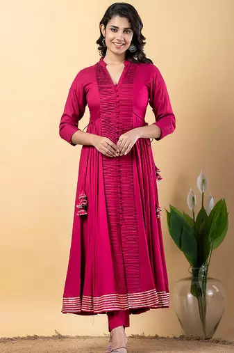 Pink gotta patti rayon stiched anarkali style pant with kurta set