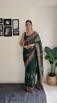 green thread sequince embroidery work georgette saree with blouse piece 1