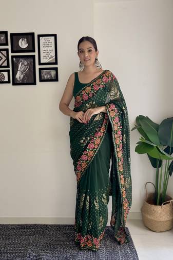 green thread sequince embroidery work georgette saree with blouse piece