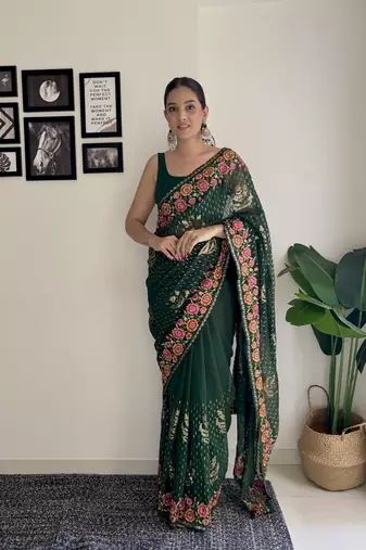 green thread sequince embroidery work georgette saree with blouse piece
