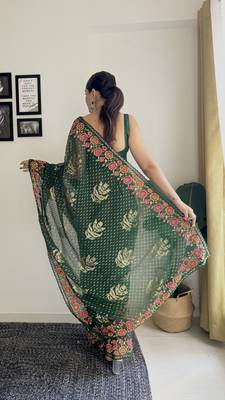 green thread sequince embroidery work georgette saree with blouse piece 2