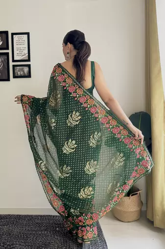 green thread sequince embroidery work georgette saree with blouse piece