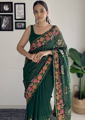 green thread sequince embroidery work georgette saree with blouse piece 3