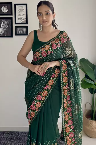 green thread sequince embroidery work georgette saree with blouse piece