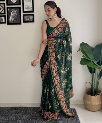 green thread sequince embroidery work georgette saree with blouse piece 4