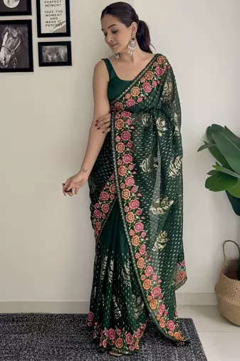 green thread sequince embroidery work georgette saree with blouse piece