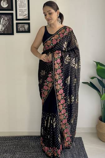 black thread sequince embroidery work georgette saree with blouse piece
