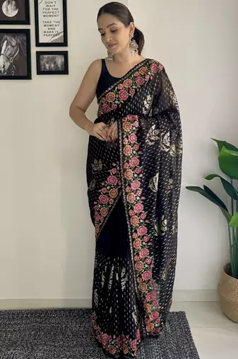 black thread sequince embroidery work georgette saree with blouse piece