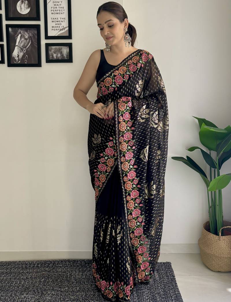 black thread sequince embroidery work georgette saree with blouse piece