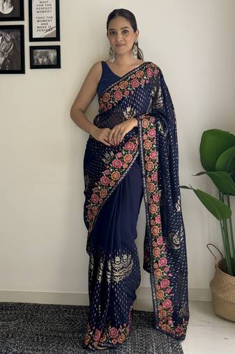blue thread sequince embroidery work georgette saree with blouse piece