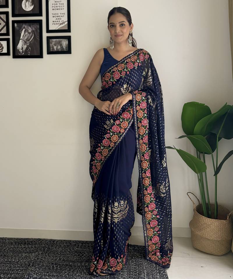 blue thread sequince embroidery work georgette saree with blouse piece