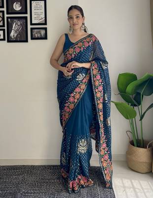 teal thread sequince embroidery work georgette saree with blouse piece 1