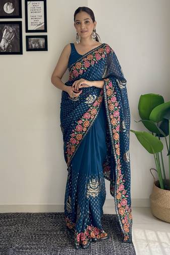 teal thread sequince embroidery work georgette saree with blouse piece