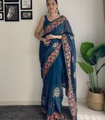 teal thread sequince embroidery work georgette saree with blouse piece